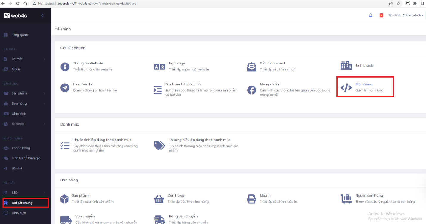Đăng nhập quản trị web, vào cài đặt chung